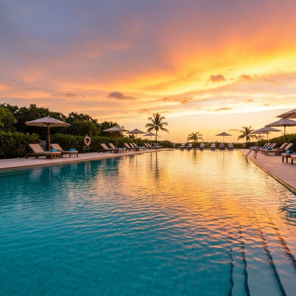 Luxury resort pool with palm trees
